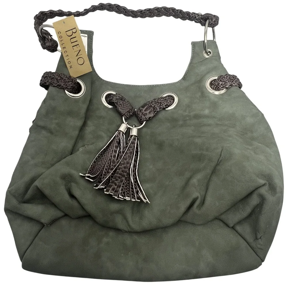 NWT Bueno Collection Sage Green Faux Suede Hobo Shoulder Bag with Tassels